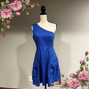 One shoulder navy fitted dress with pockets